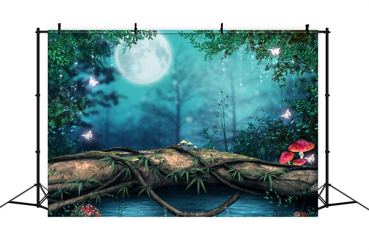Sfondo Di Funghi Farfalla Luna Piena Foresta Notturna Da Sogno RR3-10