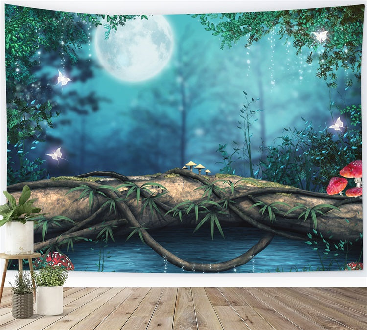 Sfondo Di Funghi Farfalla Luna Piena Foresta Notturna Da Sogno RR3-10