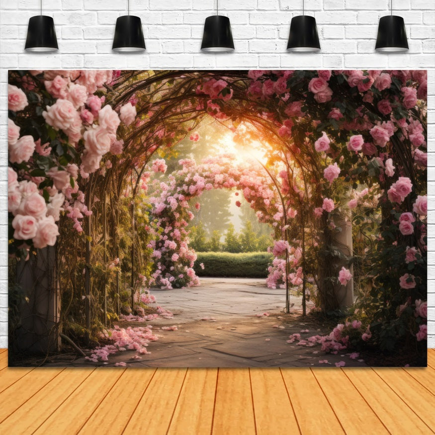 Sfondo Romantico Dell'Arco Del Giardino Di Rose Rosa Primaverile RR3-11
