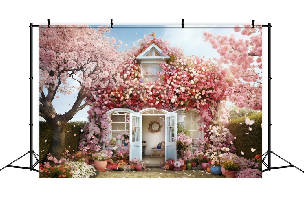 Sfondo Di Casa Romantica Con Albero In Fiore Di Ciliegio Primaverile RR3-15