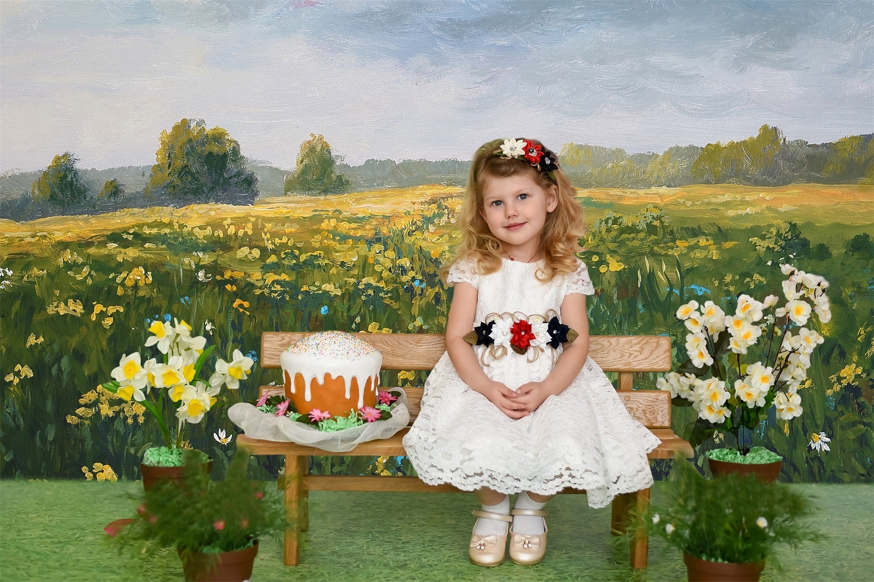 Stile Di Pittura A Olio Primaverile Fiori Selvatici Cielo Blu Nuvole Bianche Sfondo RR3-18