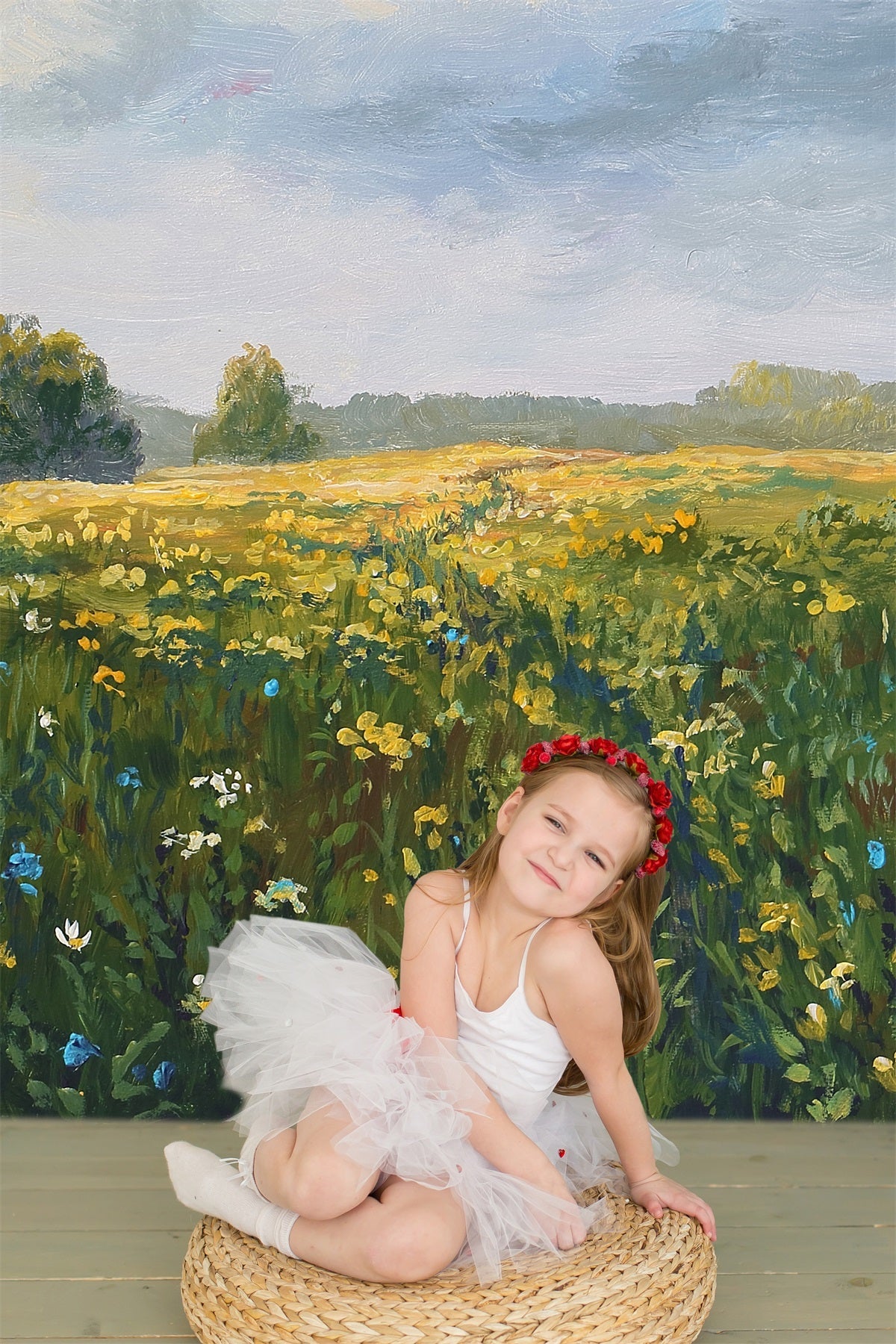 Stile Di Pittura A Olio Primaverile Fiori Selvatici Cielo Blu Nuvole Bianche Sfondo RR3-18