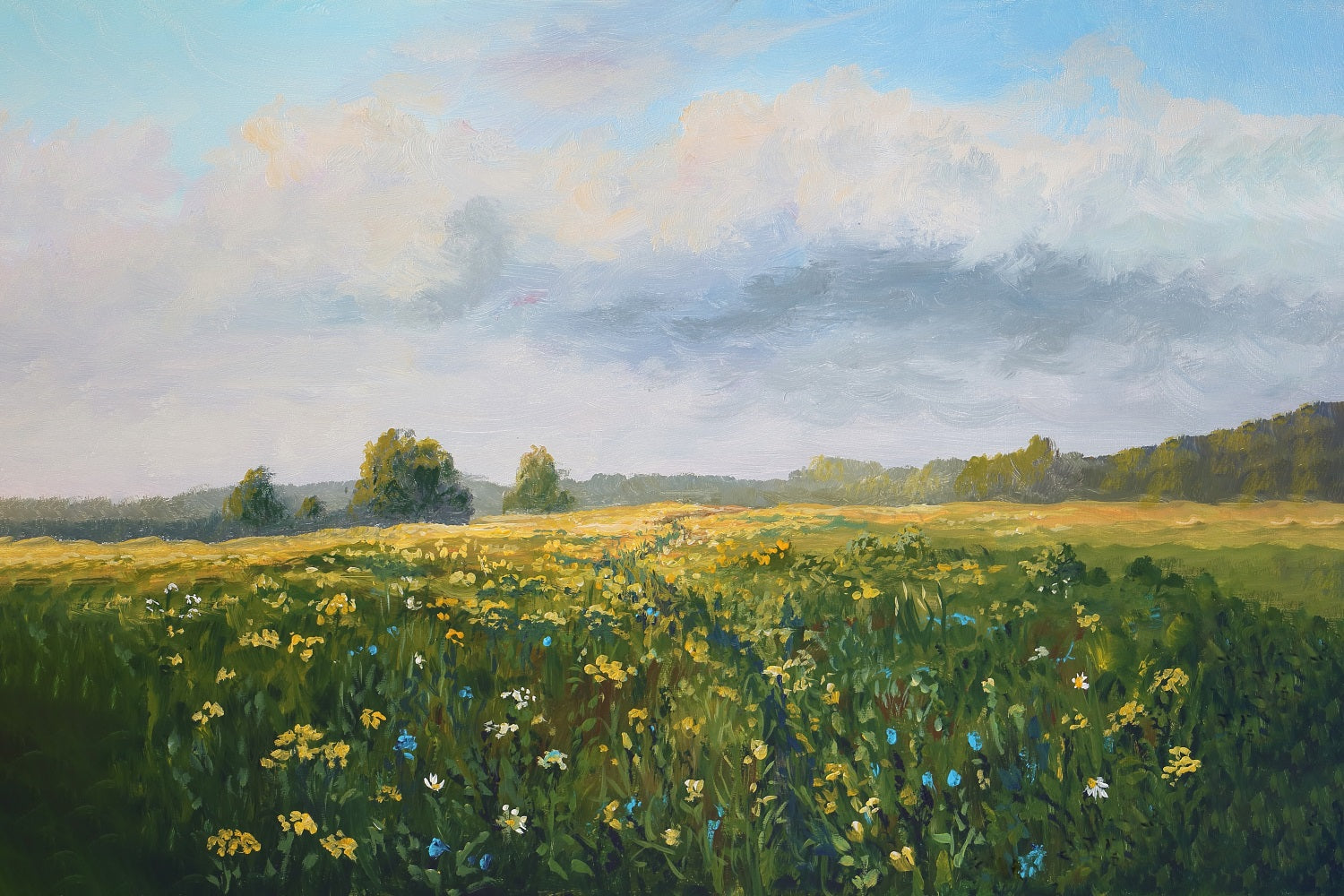 Stile Di Pittura A Olio Primaverile Fiori Selvatici Cielo Blu Nuvole Bianche Sfondo RR3-18