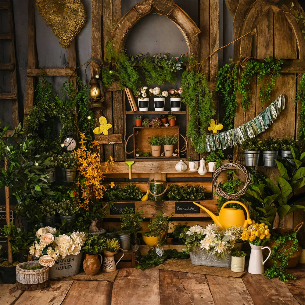 Pannello In Legno Primaverile Con Piante In Vaso Stile Giardinaggio Sfondo RR3-23