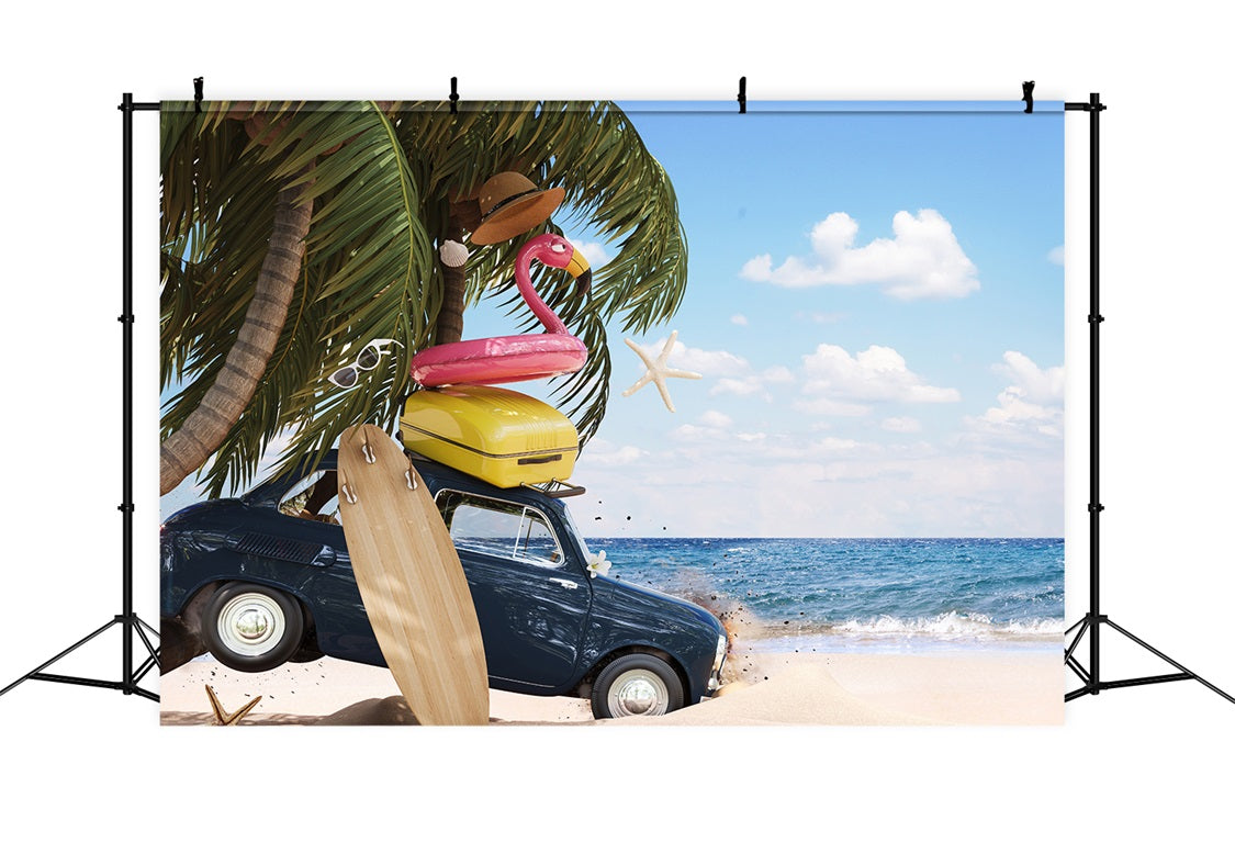 Dbackdrop Summer Seaside Beach Coconut Tree Car Flamingo Swimming Ring Fondale RR3-41