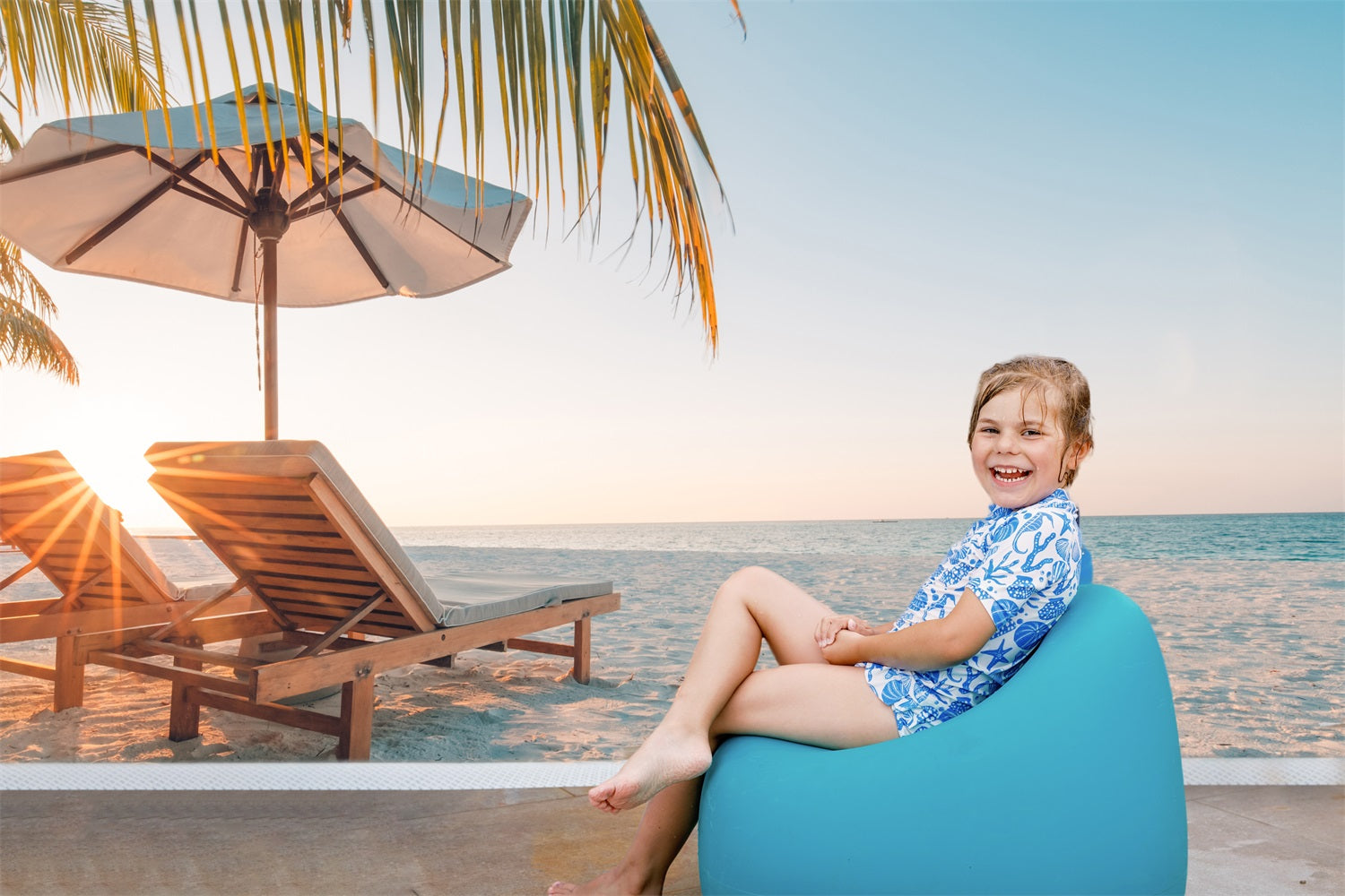 Dbackdrop Summer Seaside Fine Soft Beach Coconut Tree Chaise Lounge Fondale RR3-43
