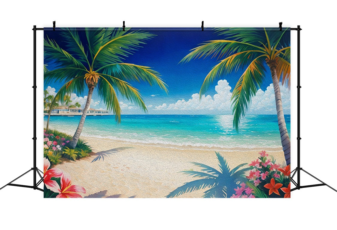 Dbackdrop Estate Pittura A Olio Stile Albero Di Cocco Fiore Sfondo Blu Mare RR3-44