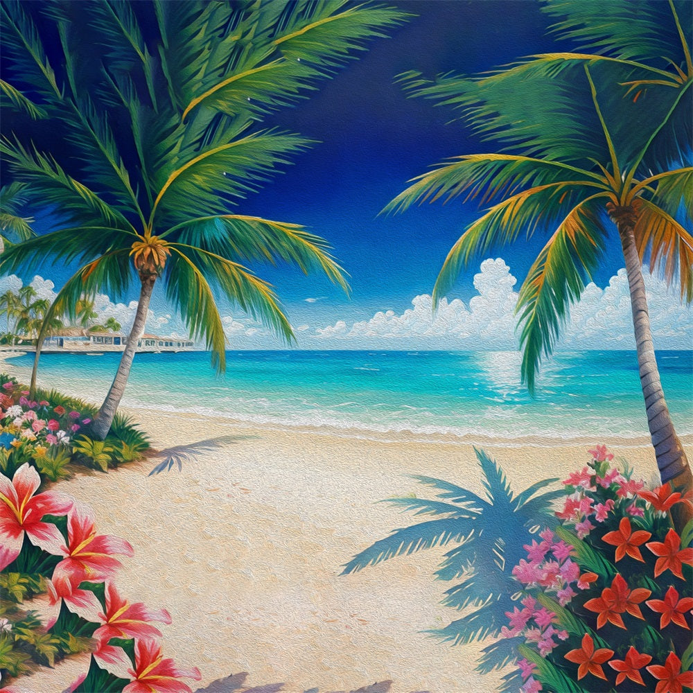 Dbackdrop Estate Pittura A Olio Stile Albero Di Cocco Fiore Sfondo Blu Mare RR3-44