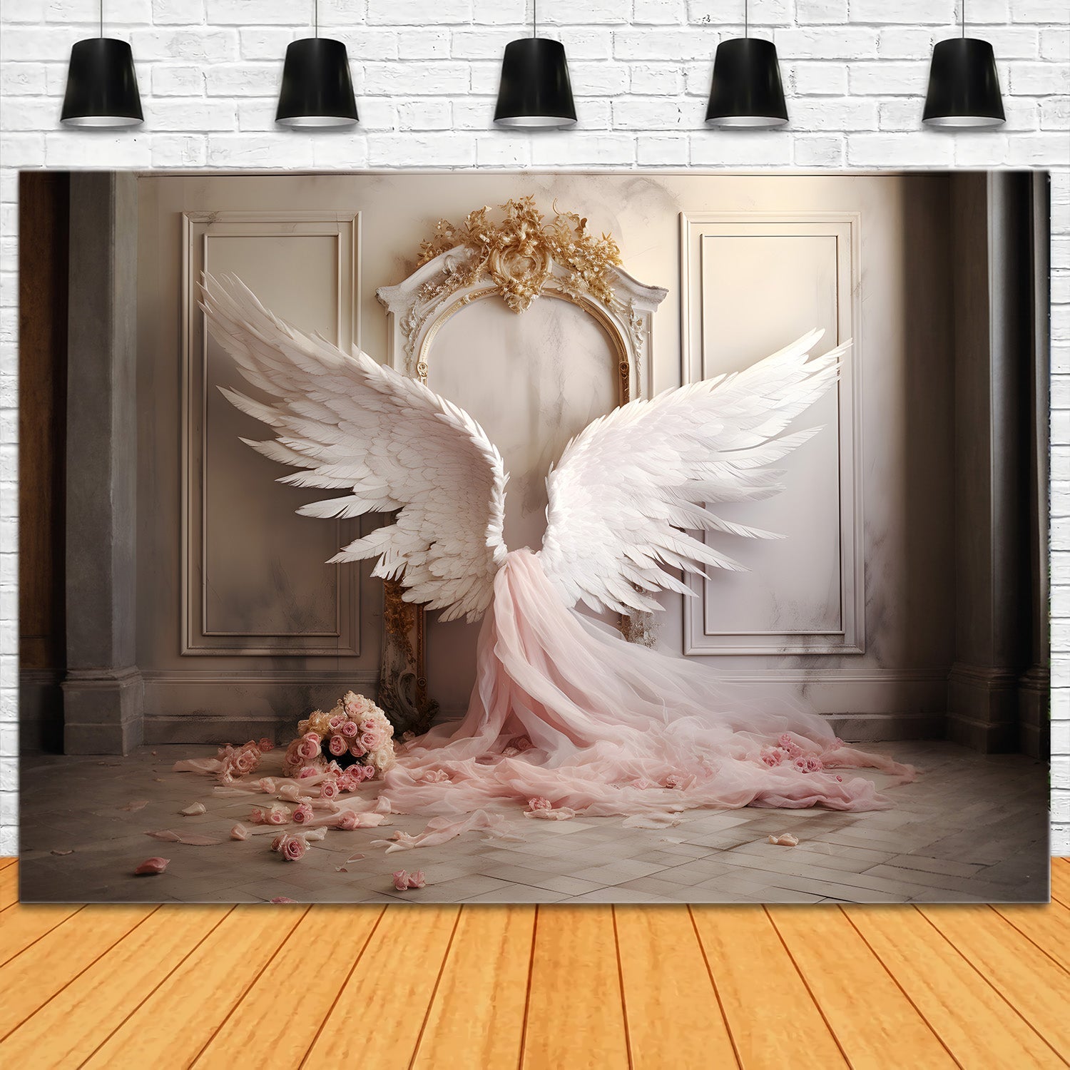 Dbackdrop Vintage Wall Pink Elegant Angel Wings Tulle Rose Fondale RR4-19