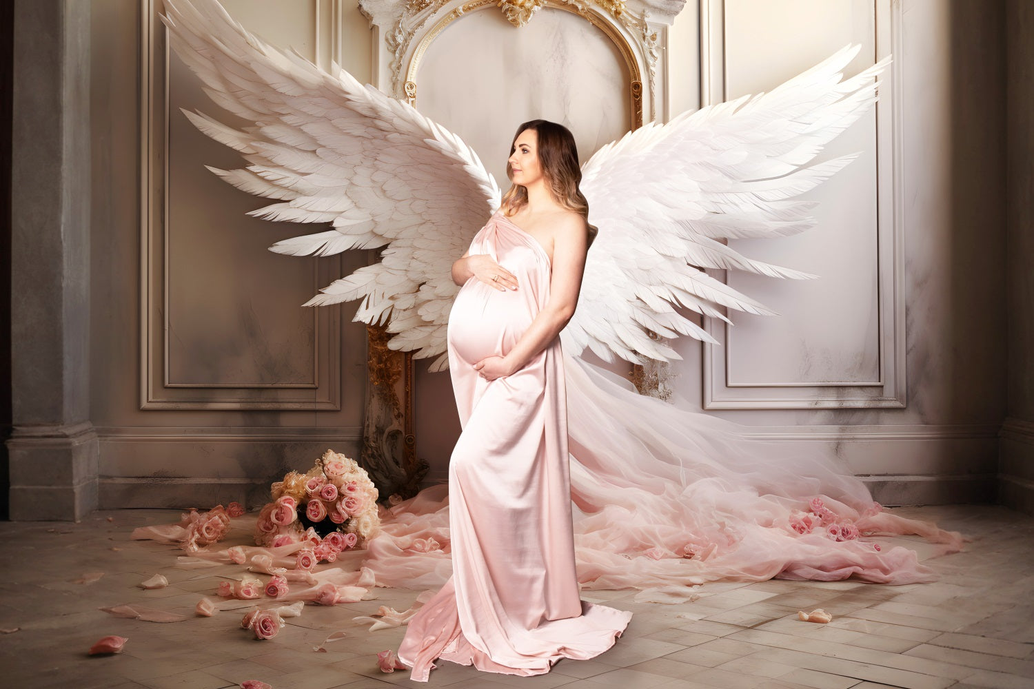 Dbackdrop Vintage Wall Pink Elegant Angel Wings Tulle Rose Fondale RR4-19