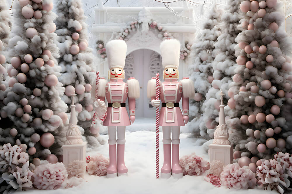Sfondo Di Schiaccianoci Rosa Neve Albero Di Natale RR6-49