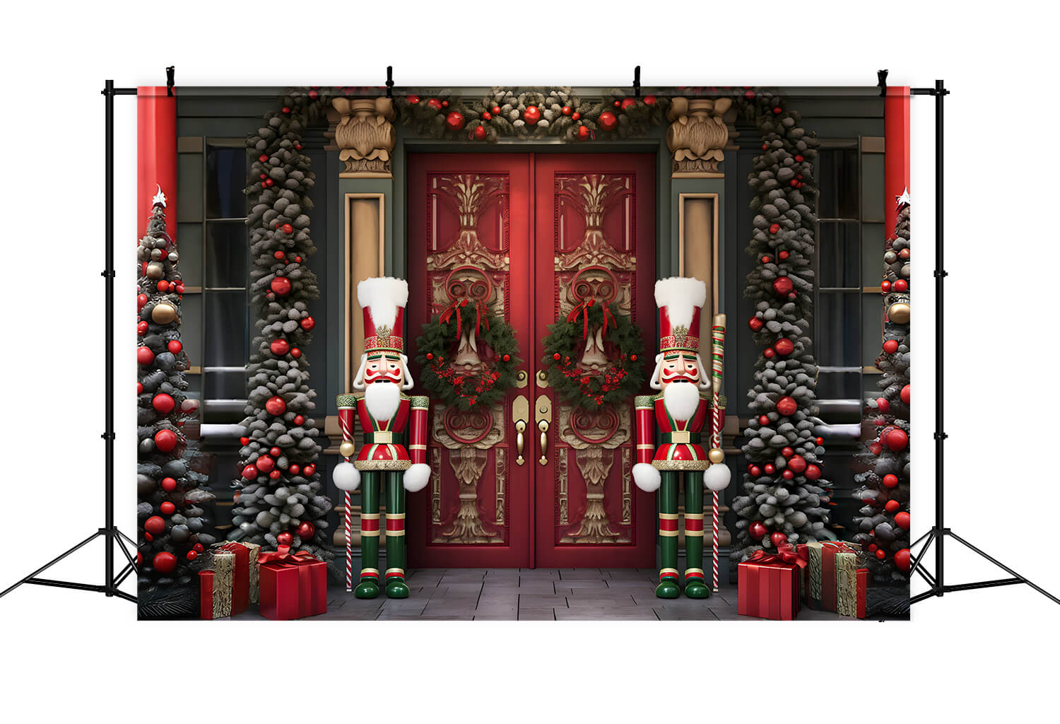Sfondo Dello Schiaccianoci Della Porta Della Casa Degli Alberi Di Natale RR6-54