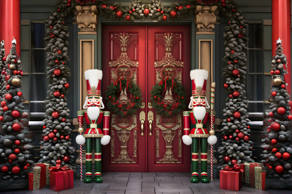 Sfondo Dello Schiaccianoci Della Porta Della Casa Degli Alberi Di Natale RR6-54