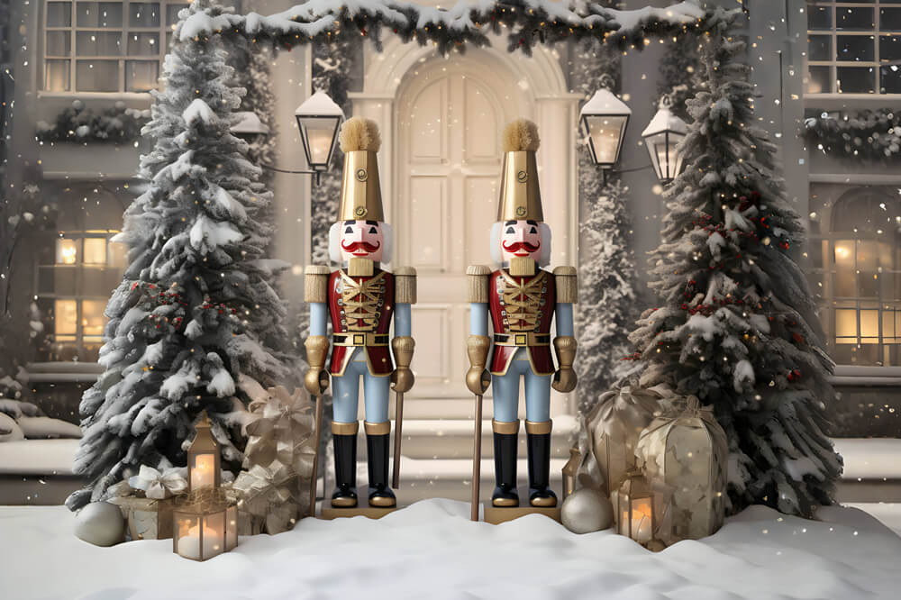Sfondo Dello Schiaccianoci Della Casa Sull'Albero Di Natale Innevato RR6-58