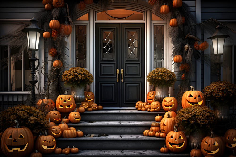 Sfondo Di Halloween Con Zucche Della Porta D'Ingresso RR7-105