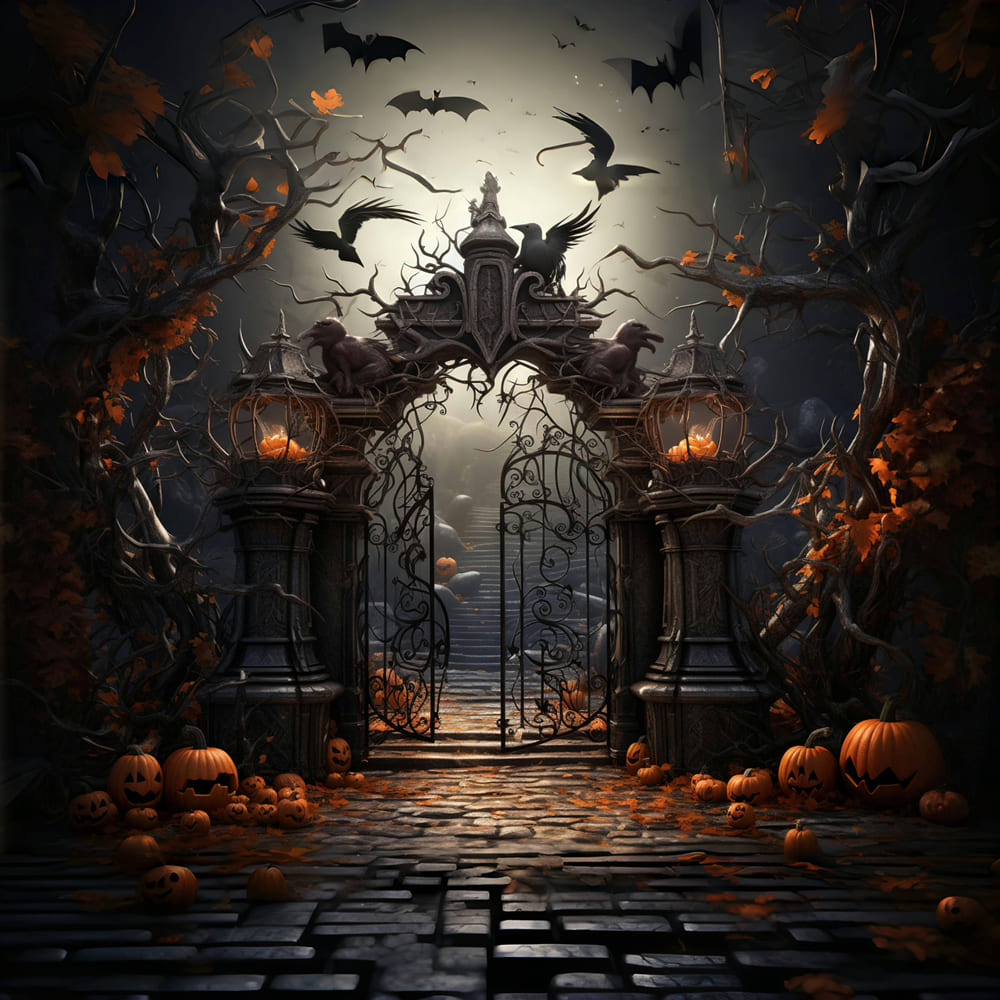 Sfondo Di Zucche Del Cancello Del Cimitero Di Halloween RR7-107