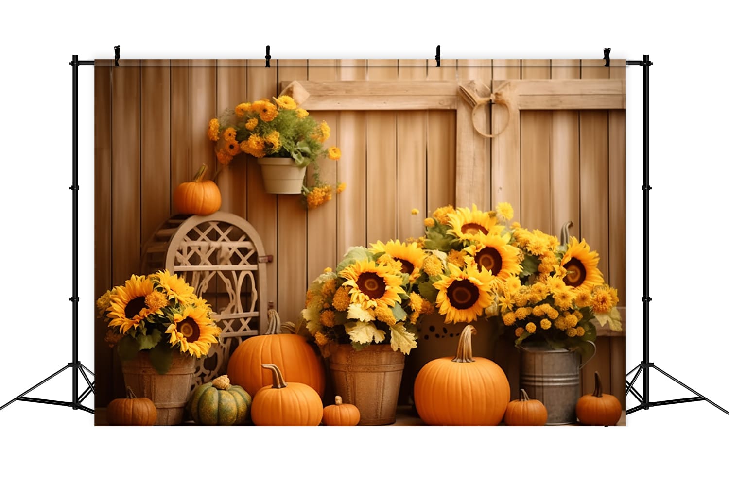 Sfondo Di Zucca Con Girasoli Nel Fienile Autunnale RR7-122
