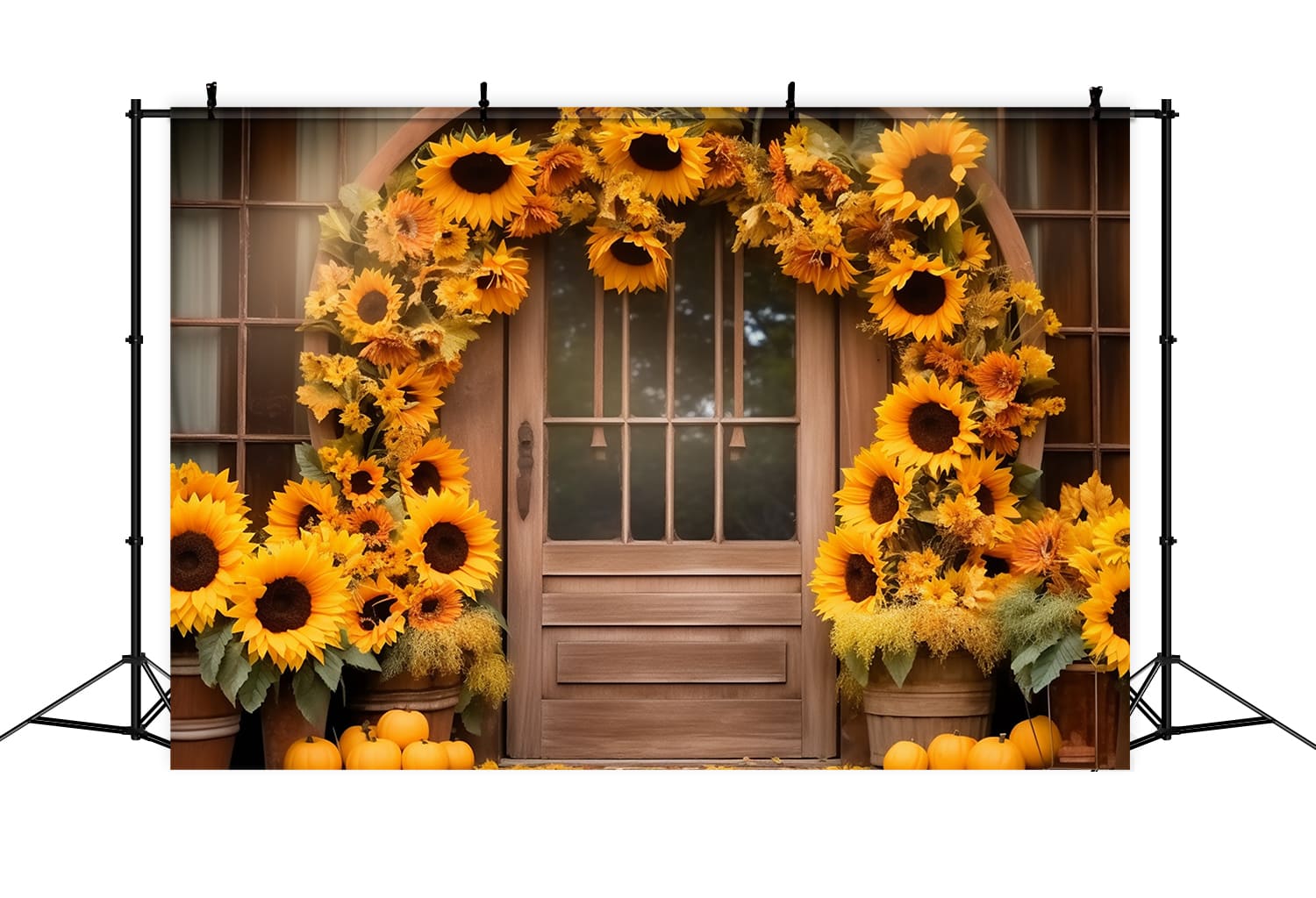 Sfondo Della Porta Del Fienile Con Corona Di Girasoli Autunnali RR7-125