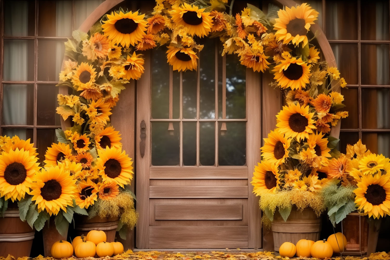 Sfondo Della Porta Del Fienile Con Corona Di Girasoli Autunnali RR7-125