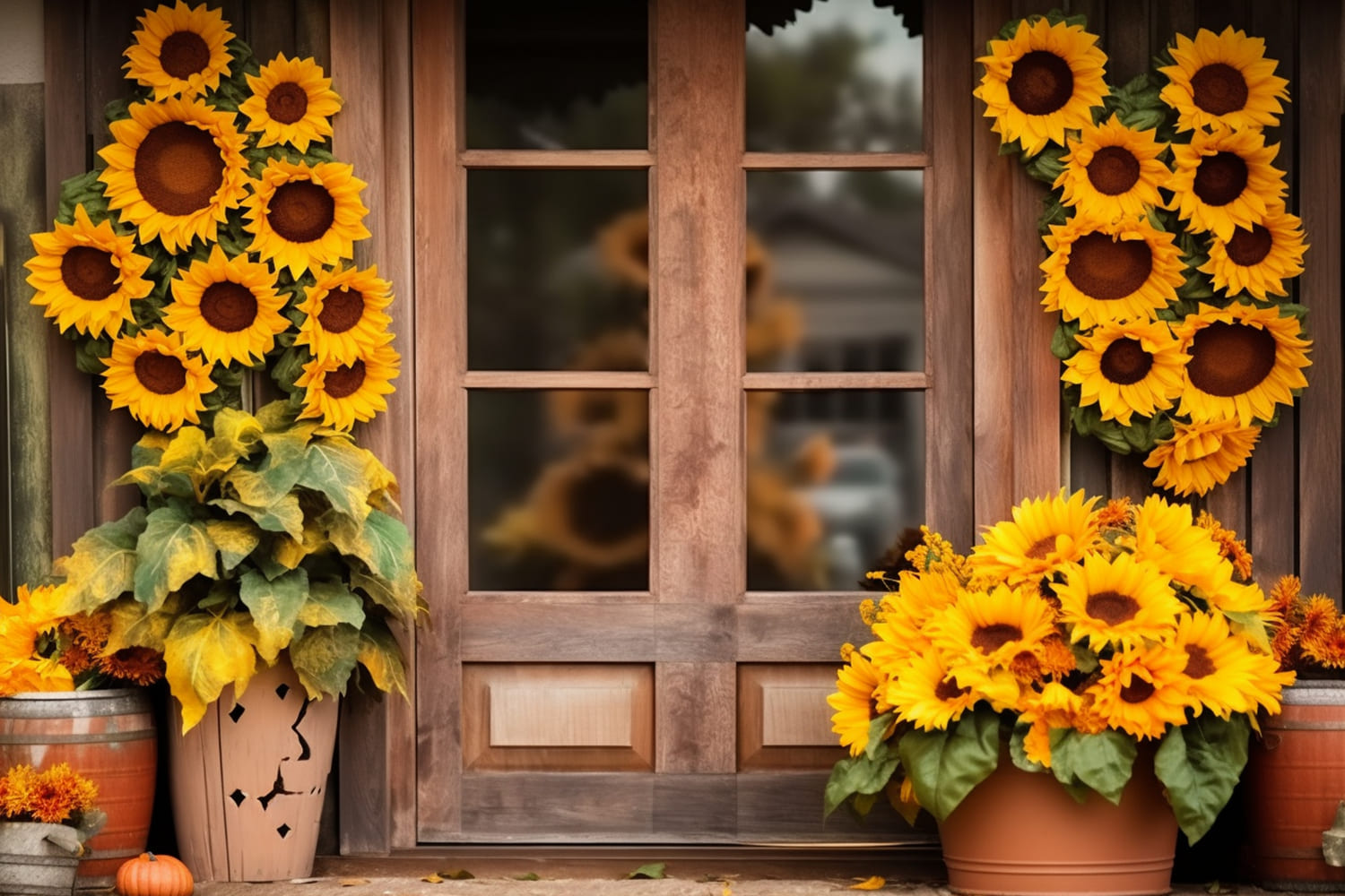 Girasoli Porta Del Fienile In Legno Sfondo Autunnale RR7-136