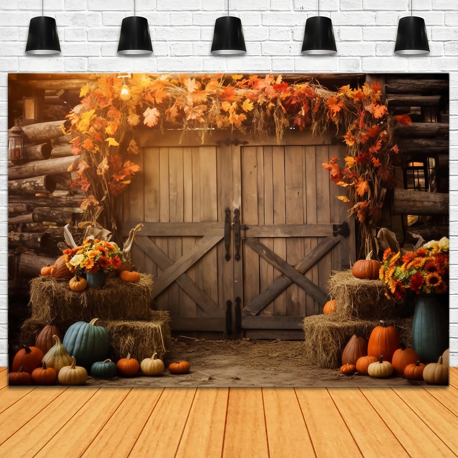Autunno Fienile Pagliaio Foglie D'Acero Sullo Sfondo RR7-141