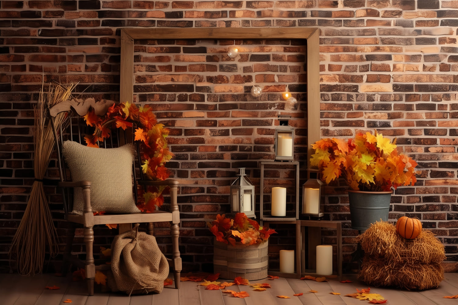 Sfondo Di Muro Di Mattoni Di Foglie Di Acero Autunnale RR7-144