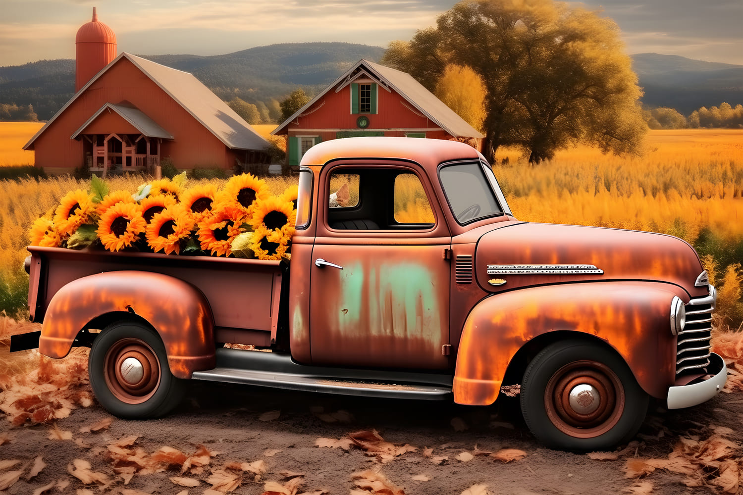 Campo Autunnale Girasole Vecchio Camion Sullo Sfondo RR7-158