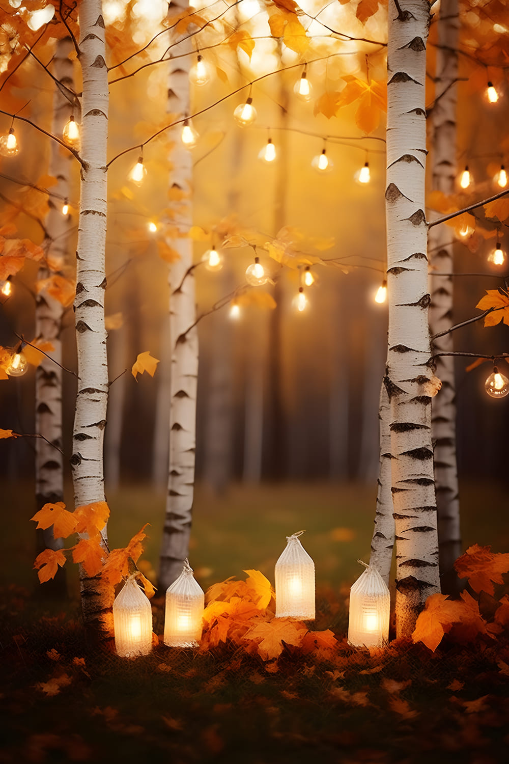 Sfondo Di Luci A Corda In Foresta Di Betulle Autunnali RR7-165