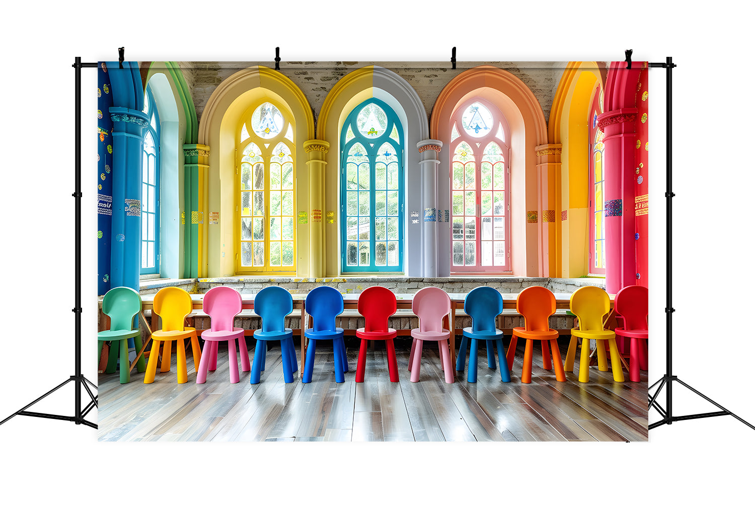 Sedie Colorate Per L'Aula Ritorno A Scuola Sullo Sfondo RR7-202