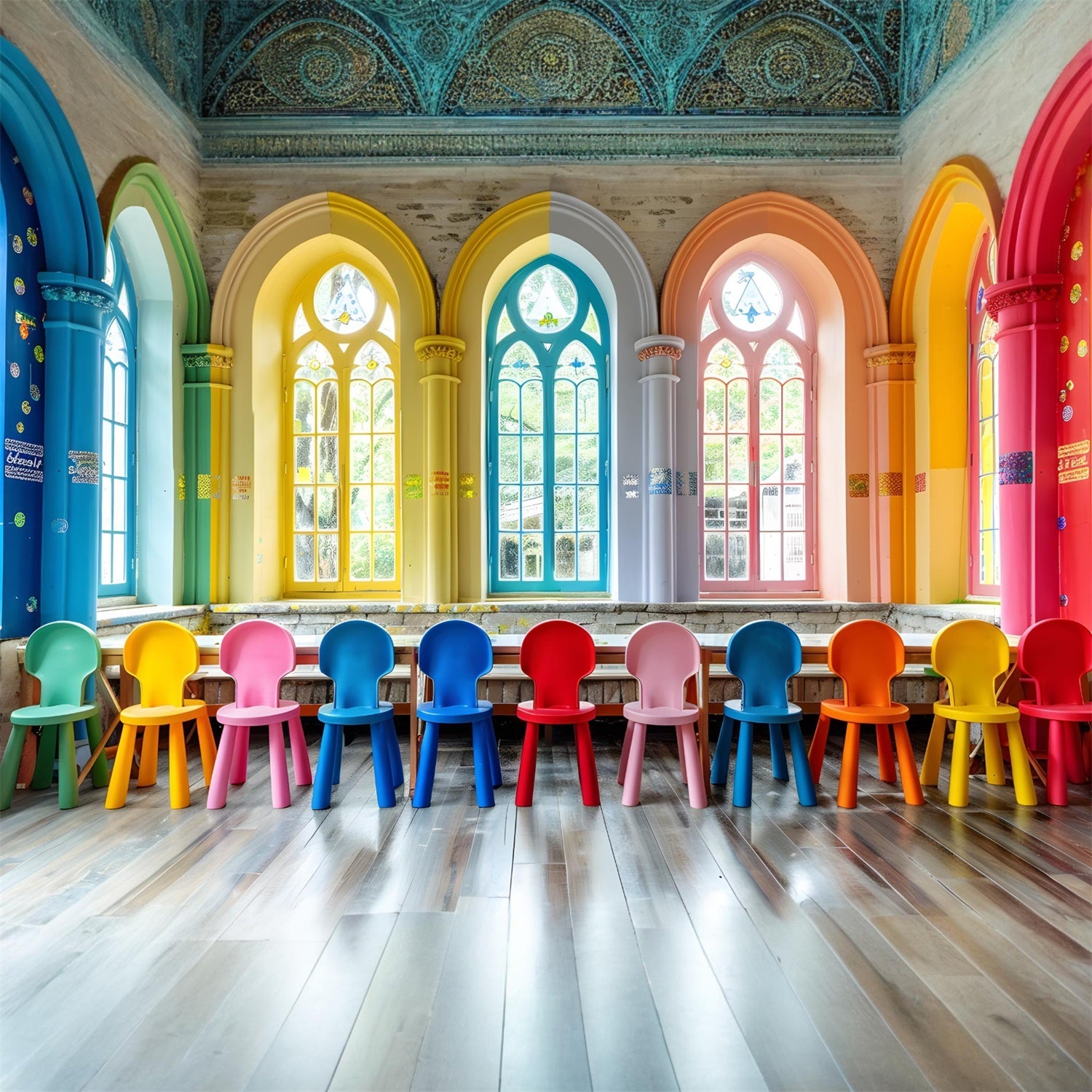 Sedie Colorate Per L'Aula Ritorno A Scuola Sullo Sfondo RR7-202