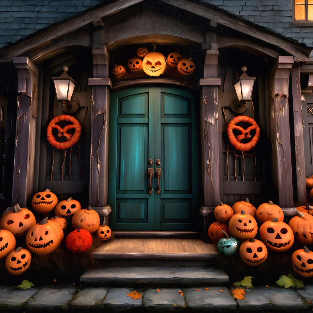 Sfondo Di Ghirlande Sulla Porta Stregata Dalla Zucca Di Halloween RR7-250