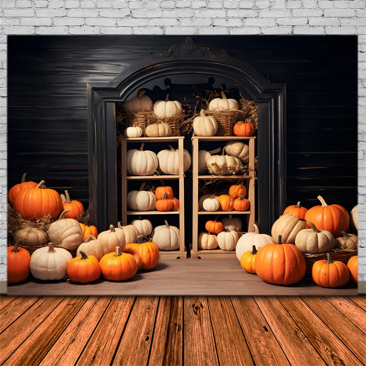 Sfondo Con Porta Ad Arco In Legno Con Esposizione Di Zucca Rustica RR7-252