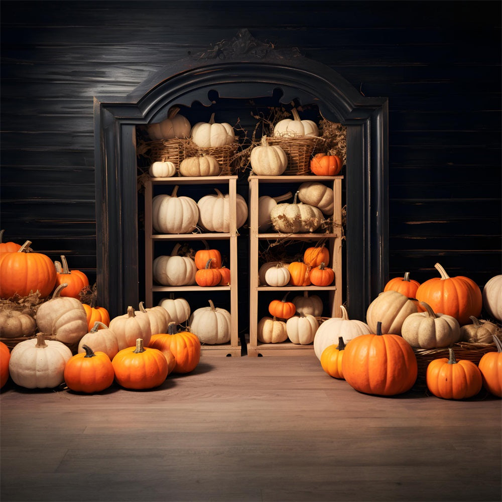 Sfondo Con Porta Ad Arco In Legno Con Esposizione Di Zucca Rustica RR7-252