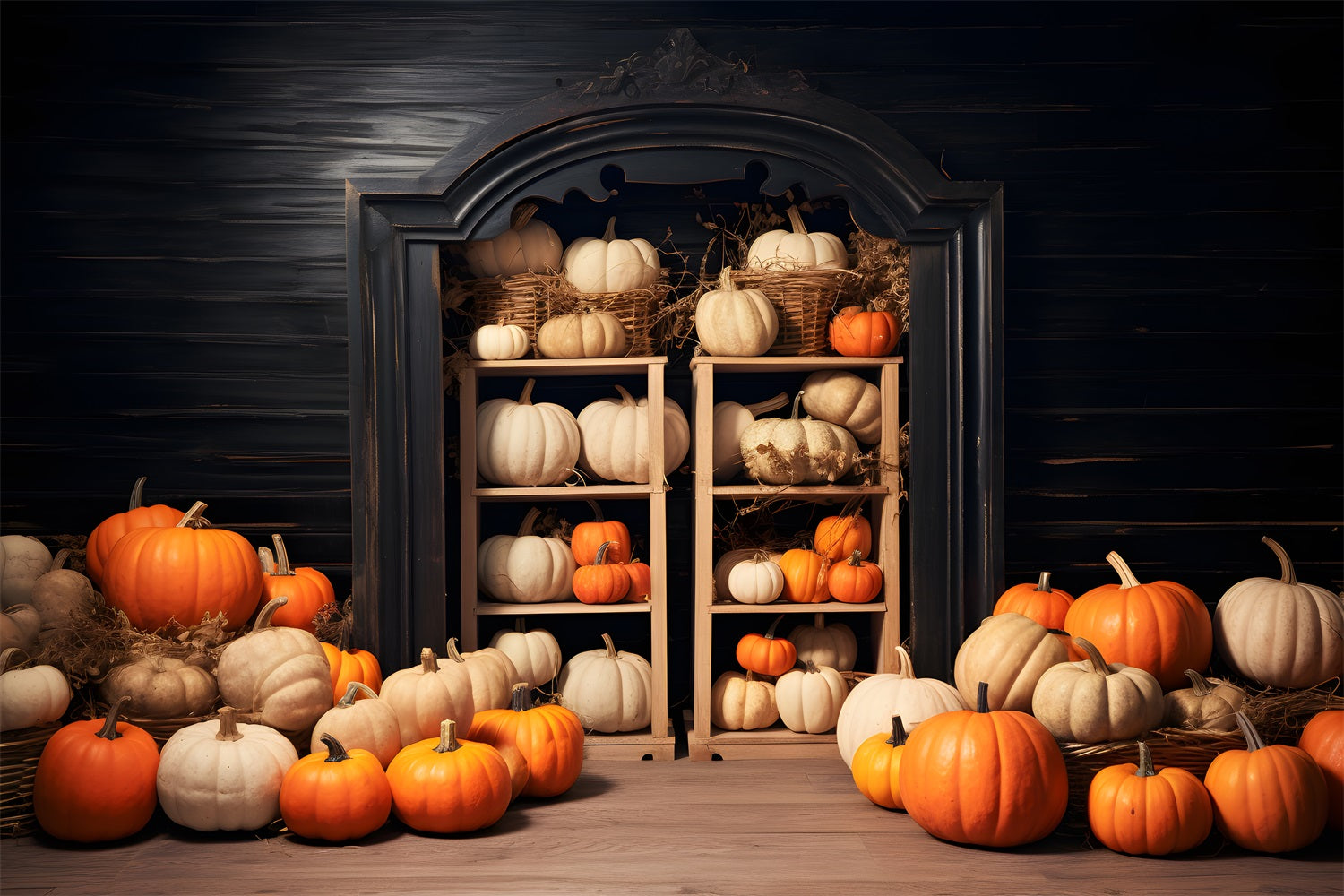 Sfondo Con Porta Ad Arco In Legno Con Esposizione Di Zucca Rustica RR7-252
