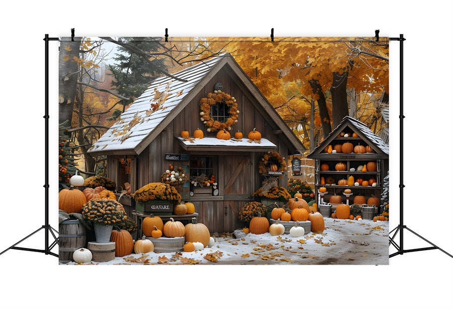Sfondo Del Giardino Innevato Del Cottage Della Zucca Autunnale RR7-263