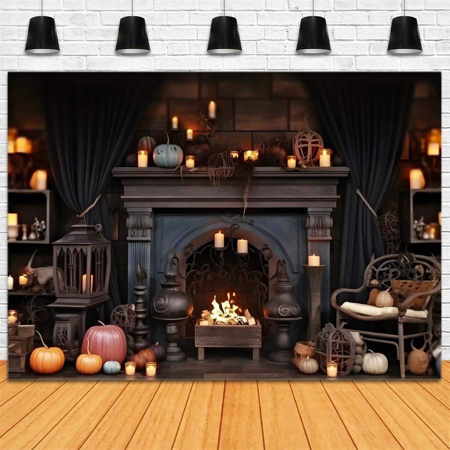 Sfondo Accogliente Caminetto Con Lanterne Di Zucca Di Halloween RR7-264