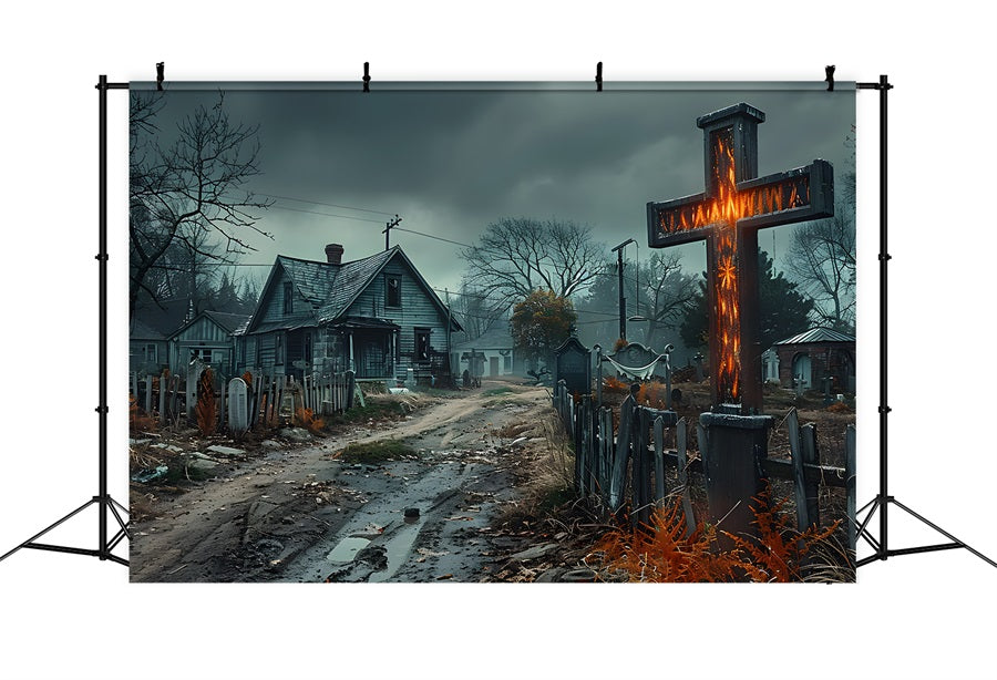 Sfondo Del Cimitero Della Croce Del Villaggio Stregato Di Halloween RR7-269