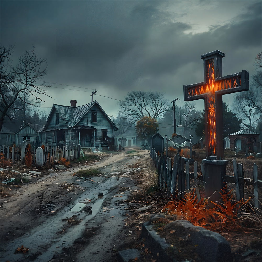 Sfondo Del Cimitero Della Croce Del Villaggio Stregato Di Halloween RR7-269