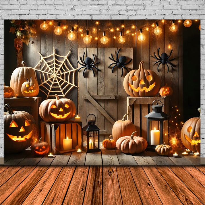 Sfondo Del Fienile Della Ragnatela Delle Lanterne Della Zucca Di Halloween RR7-271