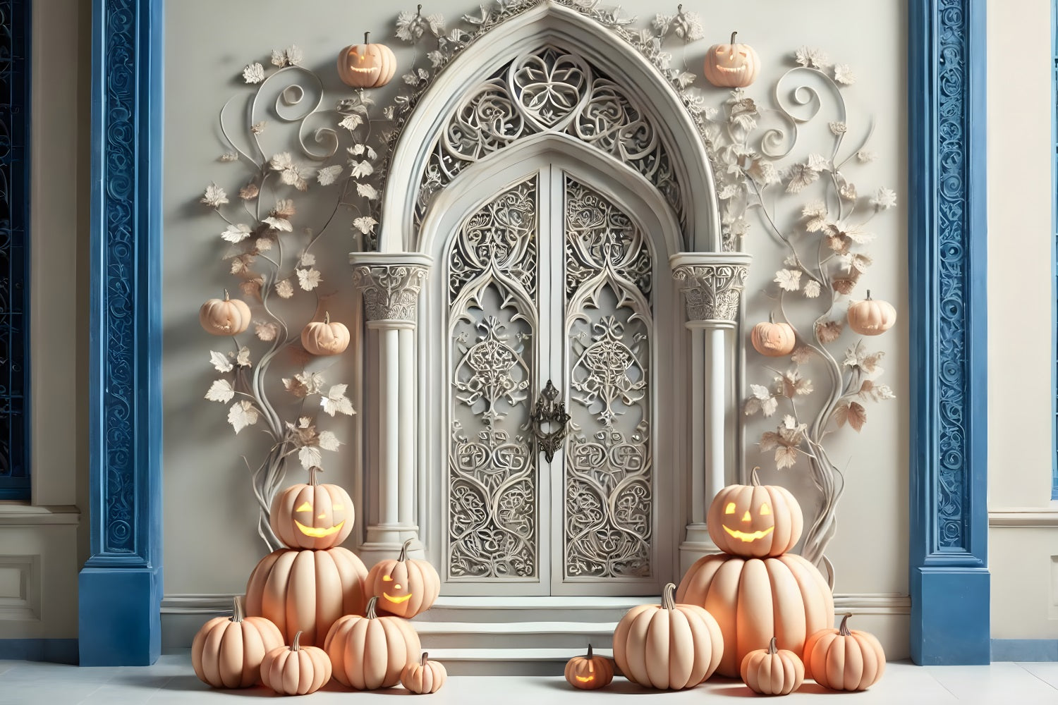 Sfondo Con Arco Gotico Bianco Con Zucca Di Halloween RR7-272