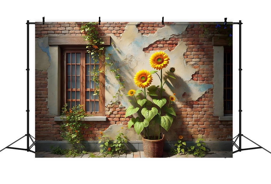 Sfondo Di Muro Di Mattoni Rustico Edera Girasole RR7-276