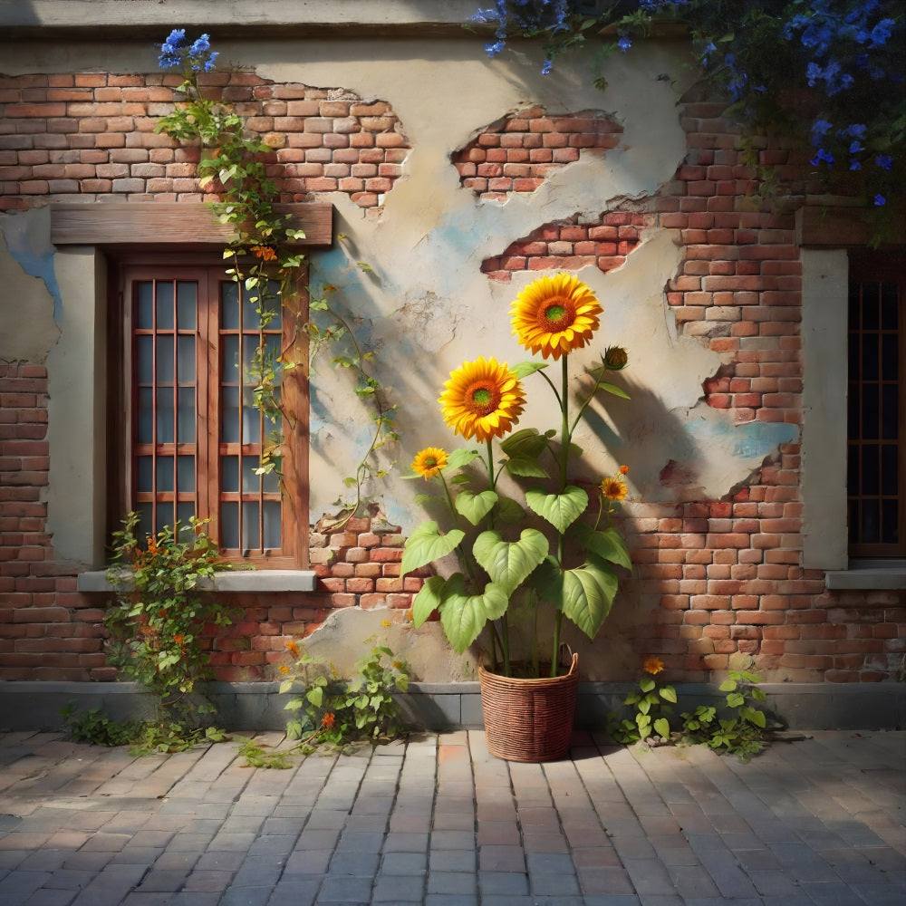 Sfondo Di Muro Di Mattoni Rustico Edera Girasole RR7-276