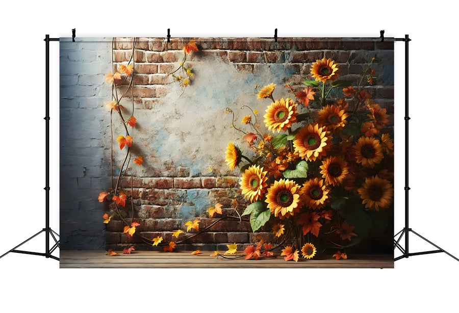 Sfondo Rustico Di Foglie Autunnali Di Girasoli Con Muro Di Mattoni RR7-277