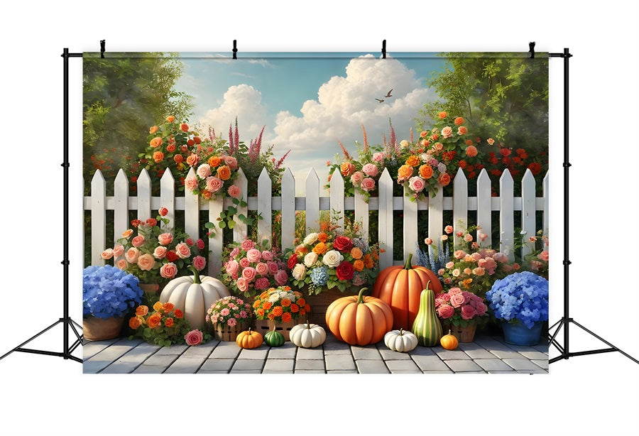 Sfondo Di Recinzione Di Zucche Di Fiori Da Giardino Autunnali RR7-278