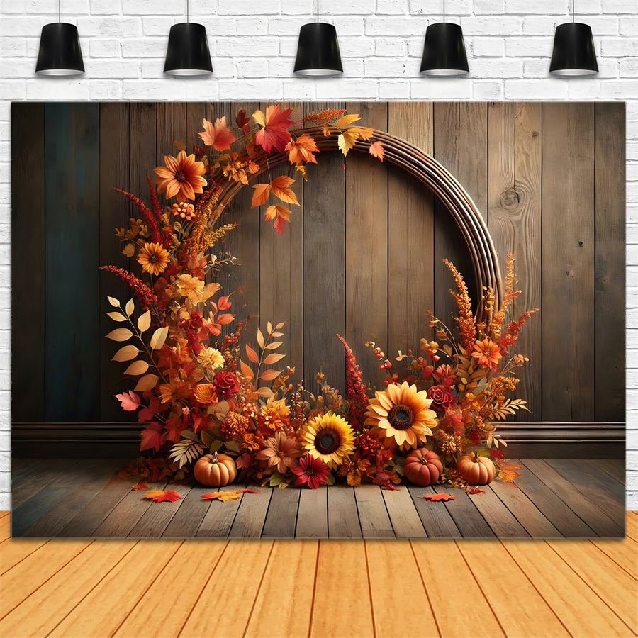 Sfondo In Legno Di Zucca Con Arco Floreale Autunnale RR7-279