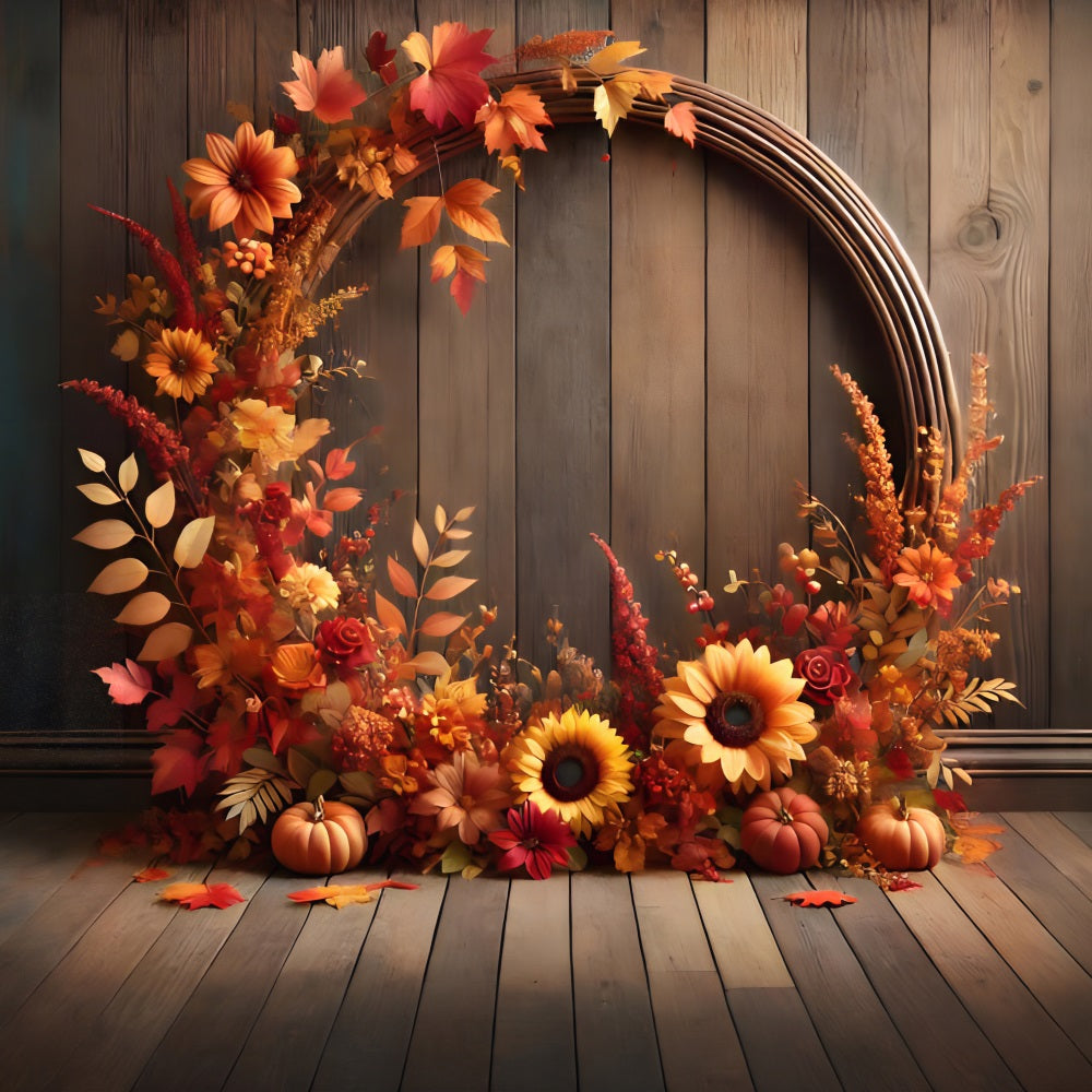 Sfondo In Legno Di Zucca Con Arco Floreale Autunnale RR7-279