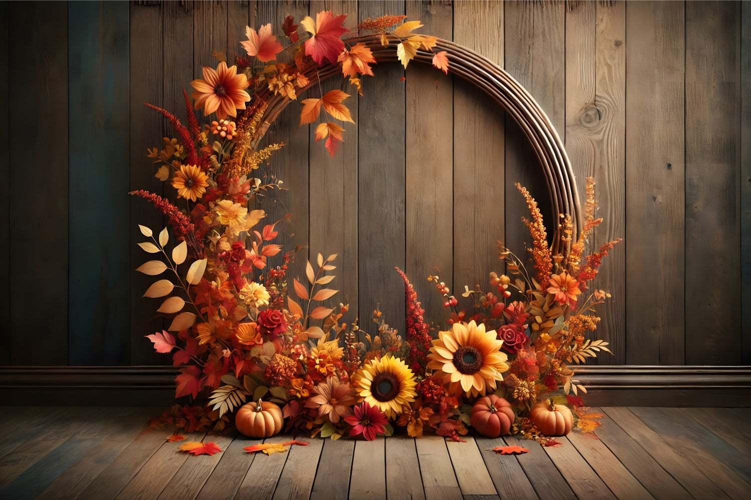 Sfondo In Legno Di Zucca Con Arco Floreale Autunnale RR7-279