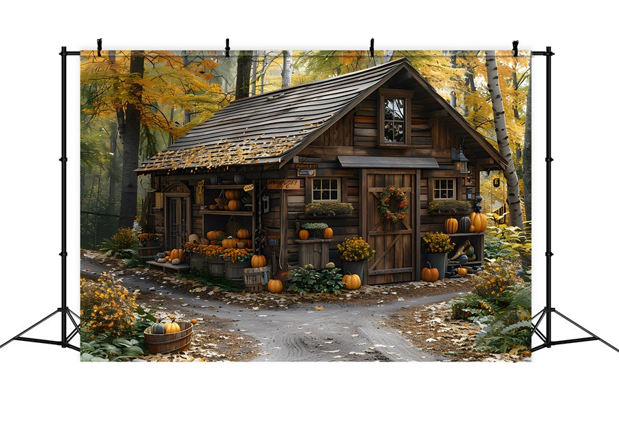 Rustico Autunno Cabina Zucche Foglie Sfondo RR7-285