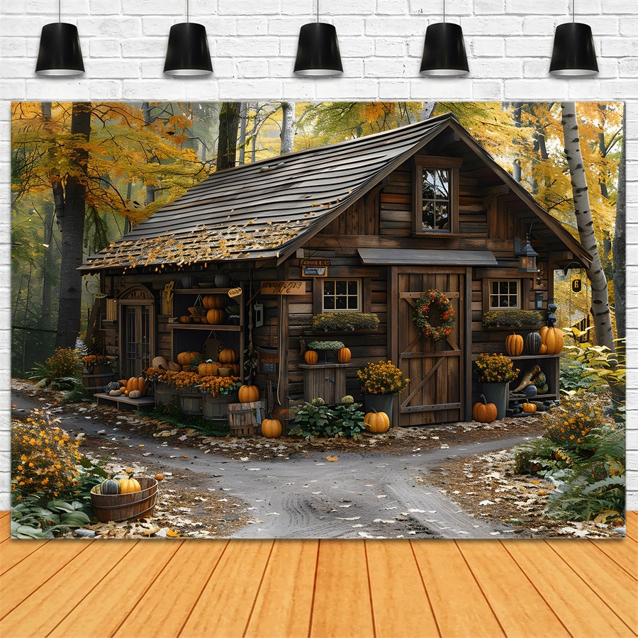 Rustico Autunno Cabina Zucche Foglie Sfondo RR7-285