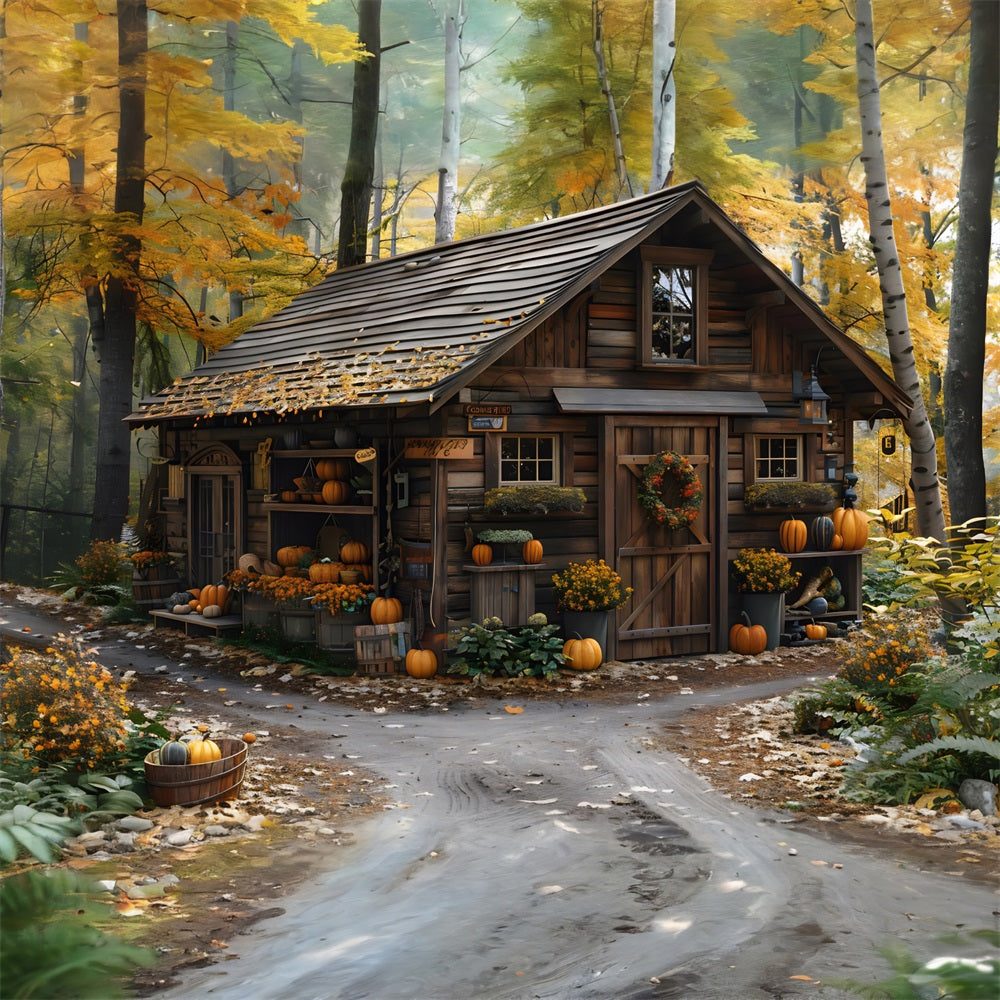 Rustico Autunno Cabina Zucche Foglie Sfondo RR7-285